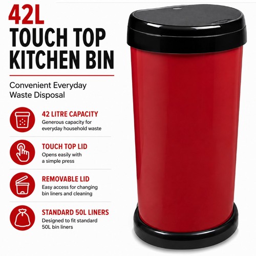 Red touch top kitchen bin - red,